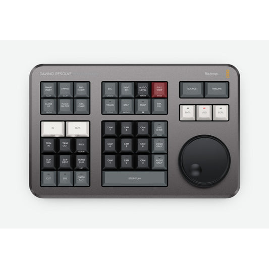 Blackmagic Design DaVinci Resolve Speed Editor top view with labeled edit keys, cam keys and jog dial