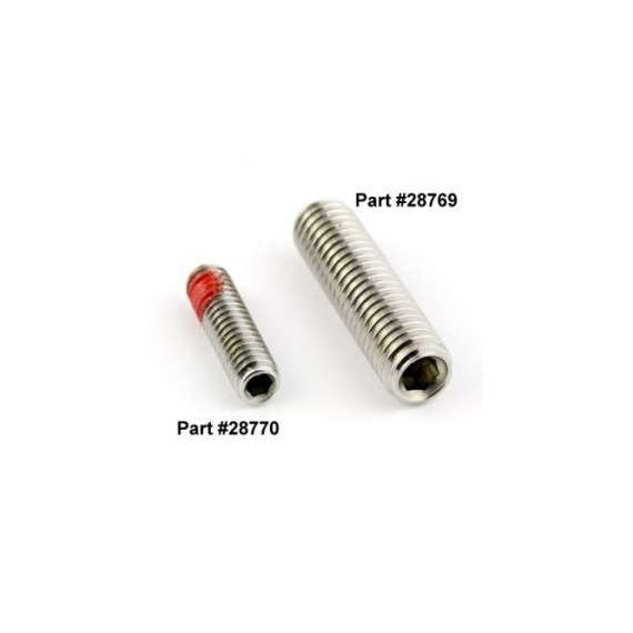 28769 stainless steel antenna mounting stud thread adapter shown beside shorter part 28770 with red thread-locking patch, hex socket ends visible and labeled by part number, Lectrosonics