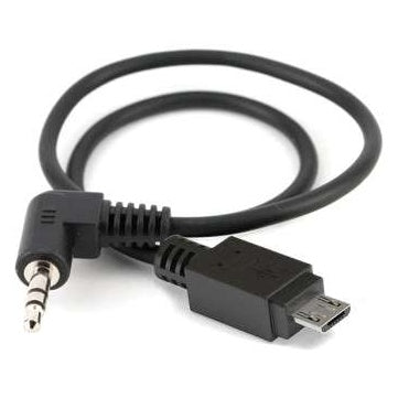 DRKEYCABLE 12-inch encryption key transfer cable coiled loop view showing right-angle 3.5mm TRS plug and micro USB connector, Lectrosonics