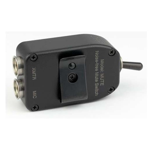 MUTE noise-free mute switch rear view showing belt clip, XMTR and MIC jack labels and model marking, Lectrosonics