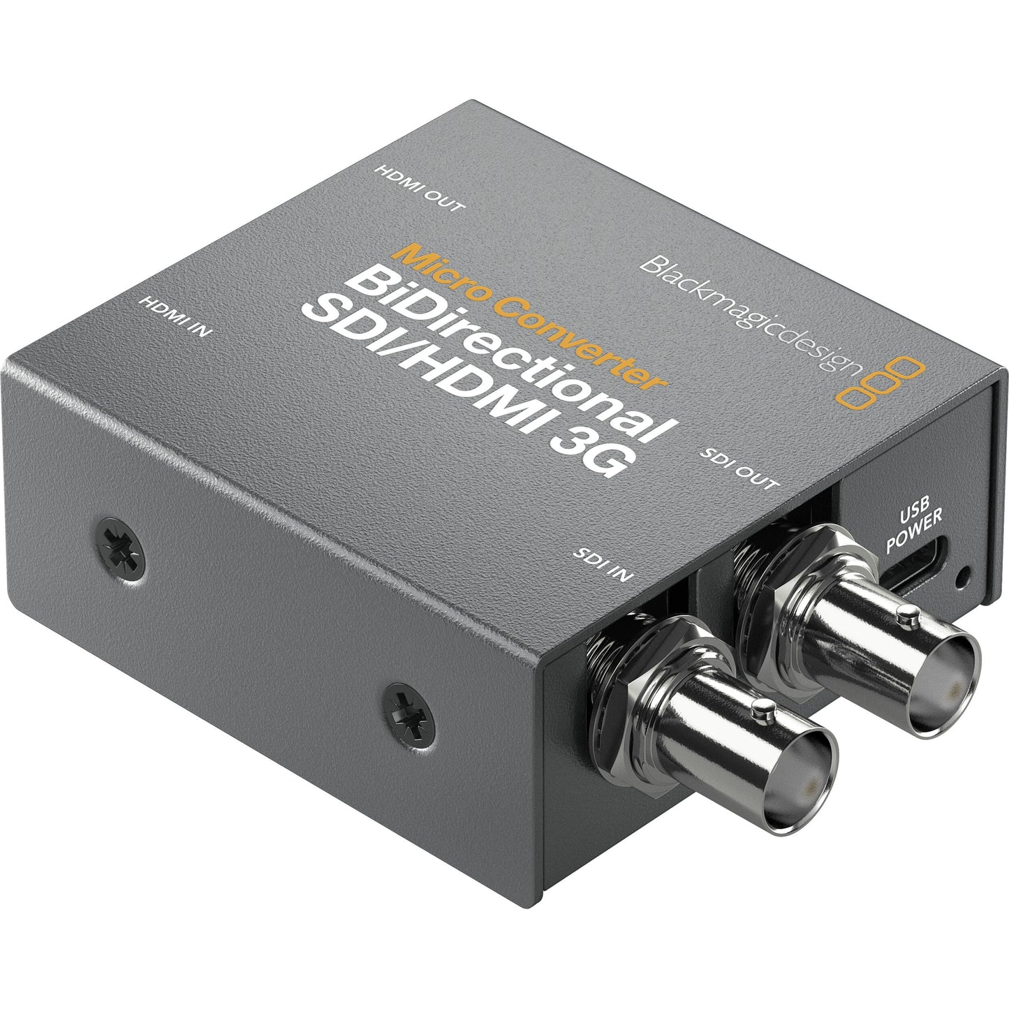 Blackmagic Design Micro Converter BiDirectional SDI/HDMI 3G angled view of SDI BNC jacks and USB power port