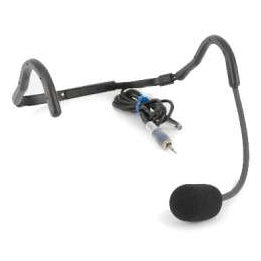 HM162MC dual capsule noise canceling headset mic angled view with black foam windscreen on boom and coiled cable with blue marker and locking mini connector, Lectrosonics