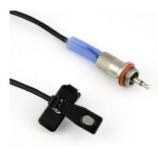 M152/WP omnidirectional lavalier mic front view showing black capsule with mounting clip and knurled locking 3.5mm connector with blue strain relief, Lectrosonics