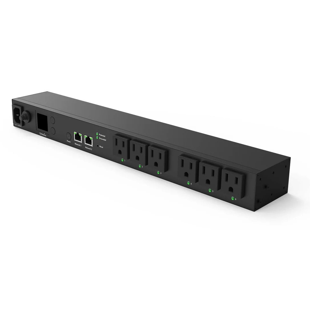 CSROB 1RU rack PDU angled view showing IEC inlet, breaker, green outlet status LEDs and rack ears, AtlasIED