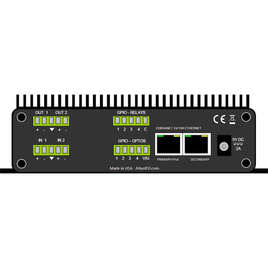 AtlasIED IED1522AIOLR rear panel with Euroblock audio I/O, GPIO relays and optos, dual Ethernet ports