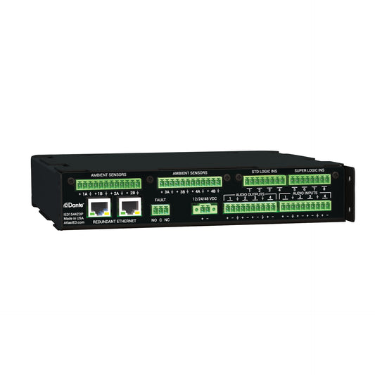 AtlasIED IED1544ZOP rear panel with Dante redundant Ethernet ports and green terminal block connectors