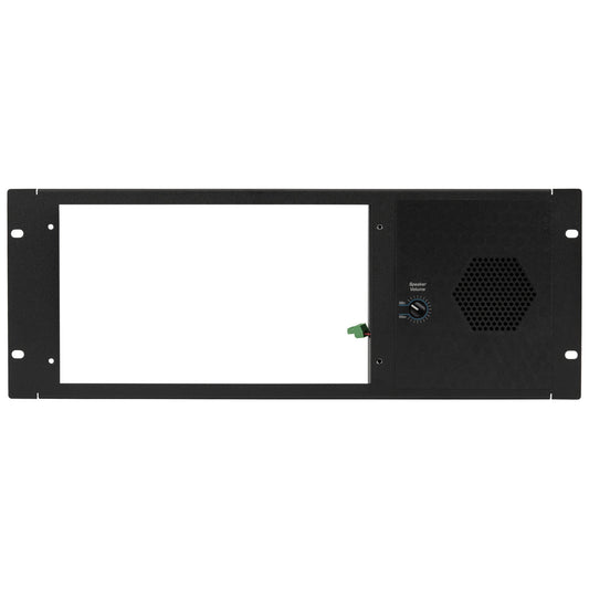 AtlasIED IED5400CS-SRM empty rack panel showing display cutout, green terminal connector and speaker grille