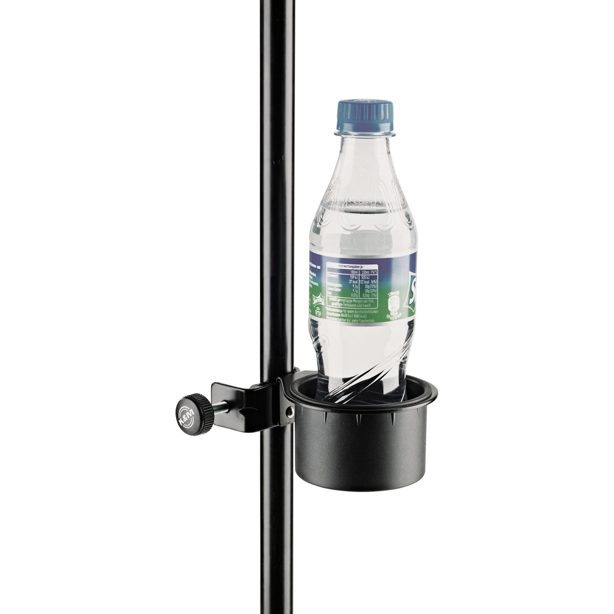 16024 can and cup holder in use clamped to a black stand tube holding a plastic drink bottle, K&M