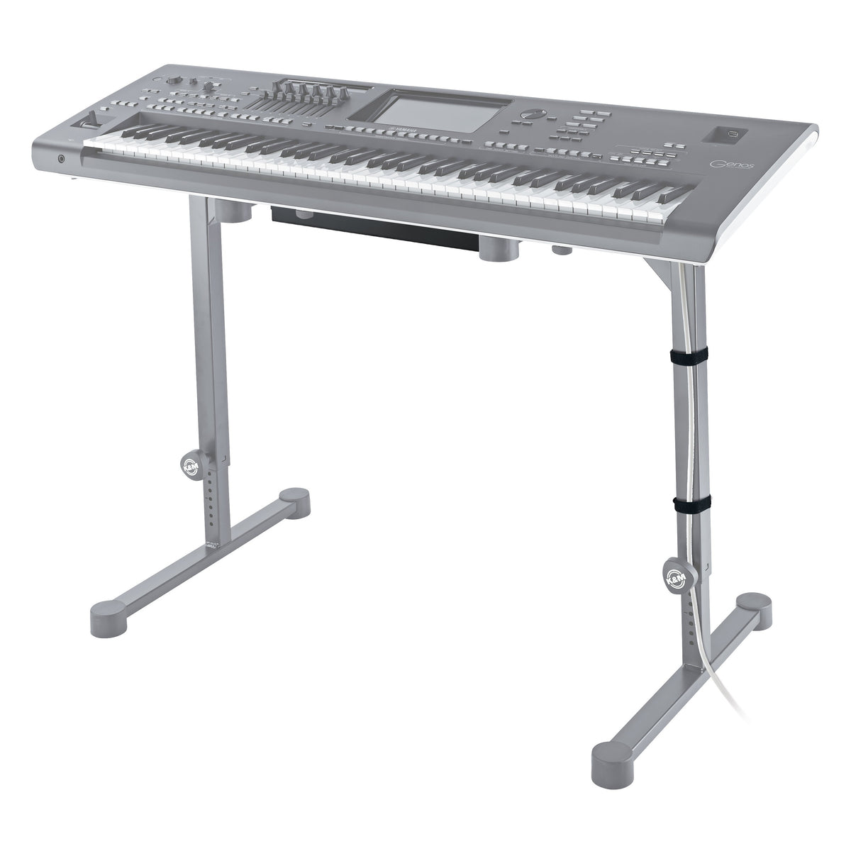 18808 cable organizer box fitted beneath a keyboard on an Omega table stand with power cable strapped to the leg, K&M