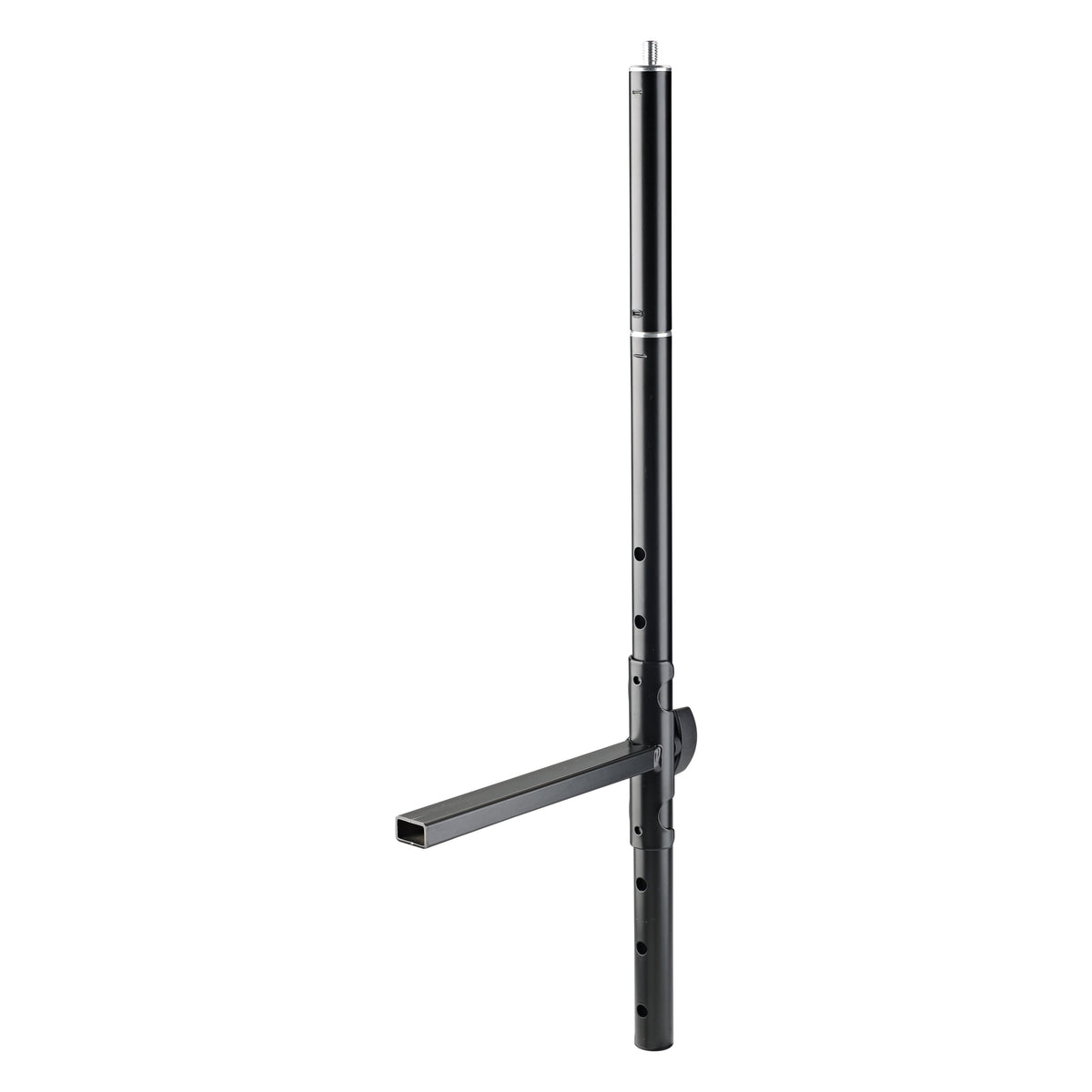 18832 extension rod fitted in universal holder assembly showing vertical black pole, perforated height holes and horizontal arm, K&M
