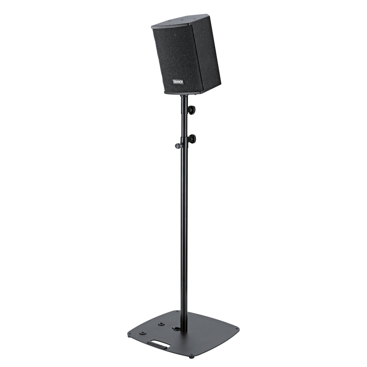 19671 speaker tilt connector in use angling a Tannoy speaker on a black 35mm stand with flat base plate, K&M
