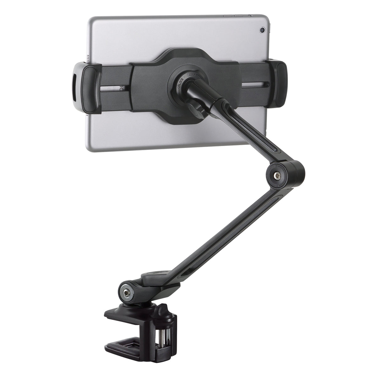 19805 tablet holder rear view showing lock/unlock cradle hub on back of tablet, folding arm joints and table clamp, K&M