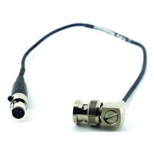 Timecode adapter cable for DBSM transmitter belt pack sync, full cable view with right-angle BNC connector and miniature locking connector at opposite ends of a short black cable, Lectrosonics