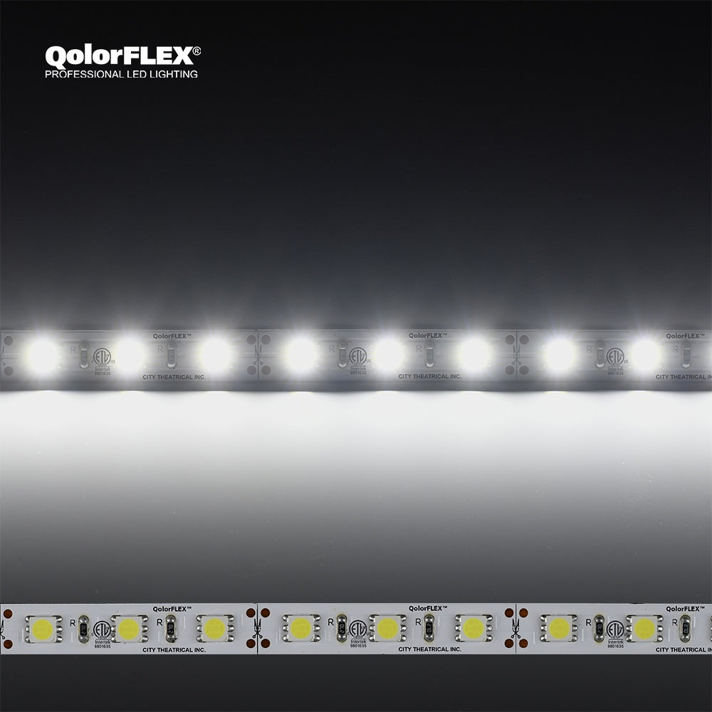 QolorFLEX 12V LED tape shown illuminated in white and unlit close-up with ETL-marked cut points, City Theatrical