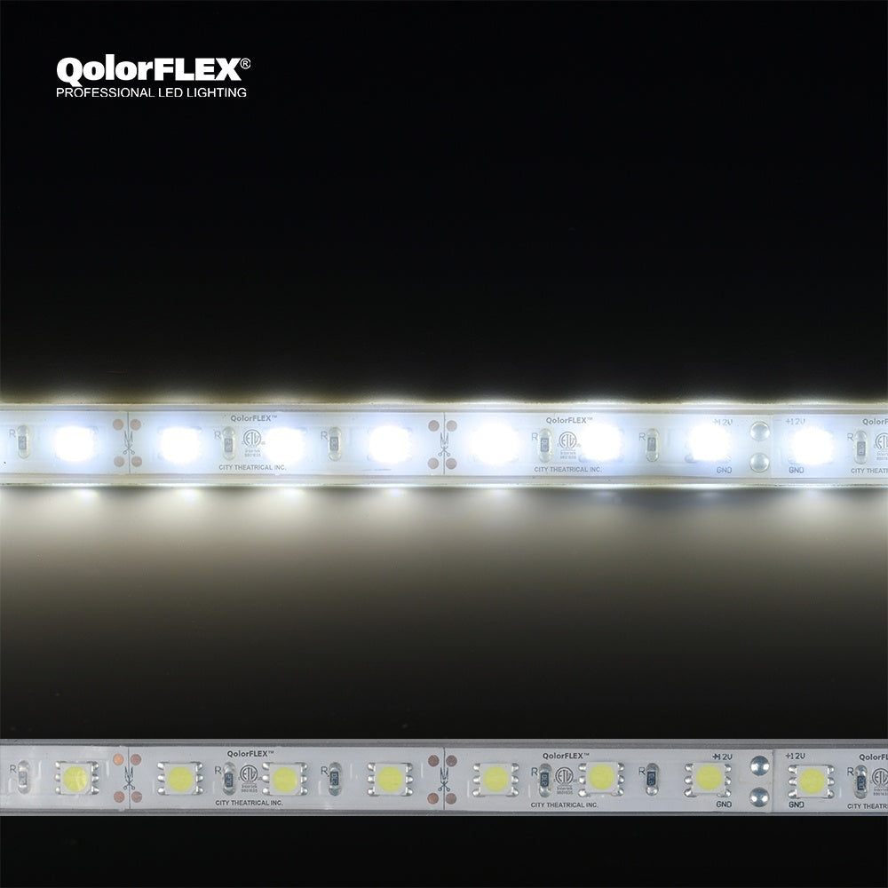 QolorFLEX 5050 12V outdoor LED tape in cool white, illuminated strip above unlit strip showing +12V and GND solder pads, cut marks and ETL mark, City Theatrical