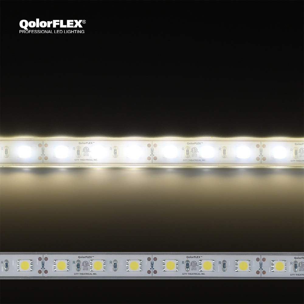 QolorFLEX 5050 12V outdoor LED tape in natural white, lit and unlit strip comparison showing ETL marks and cut points, City Theatrical