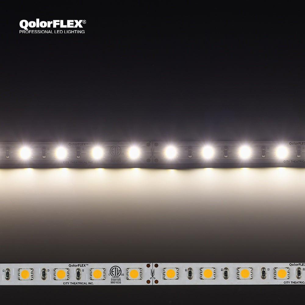 QolorFLEX 5050 24V indoor LED tape illuminated warm white above an unlit strip showing 5050 emitters, cut marks and ETL listing, City Theatrical