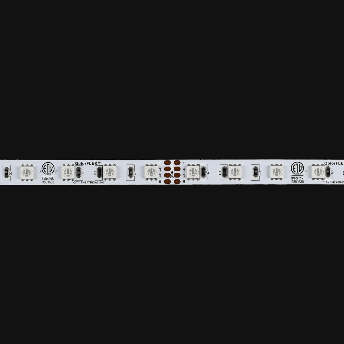 QolorFLEX 5050-24-RGB-60 LED tape unlit close-up of white PCB with R, G, B solder pads and cut points, City Theatrical