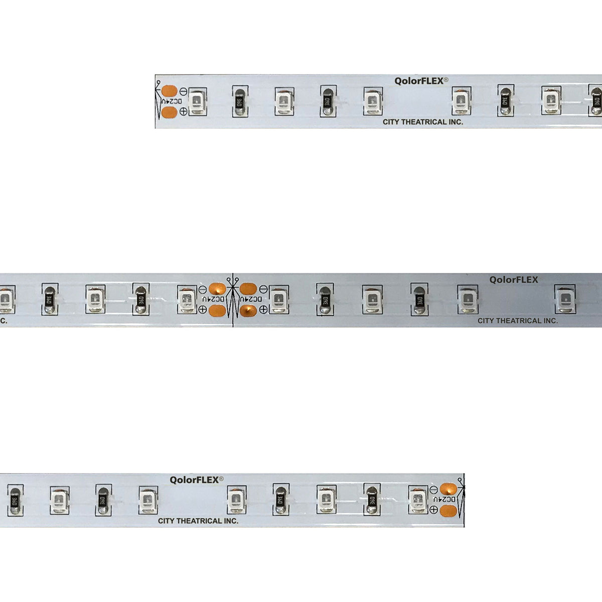 QolorFLEX UV LED tape unlit detail showing 2835 emitters, cut marks and DC24V solder pads on white PCB, City Theatrical