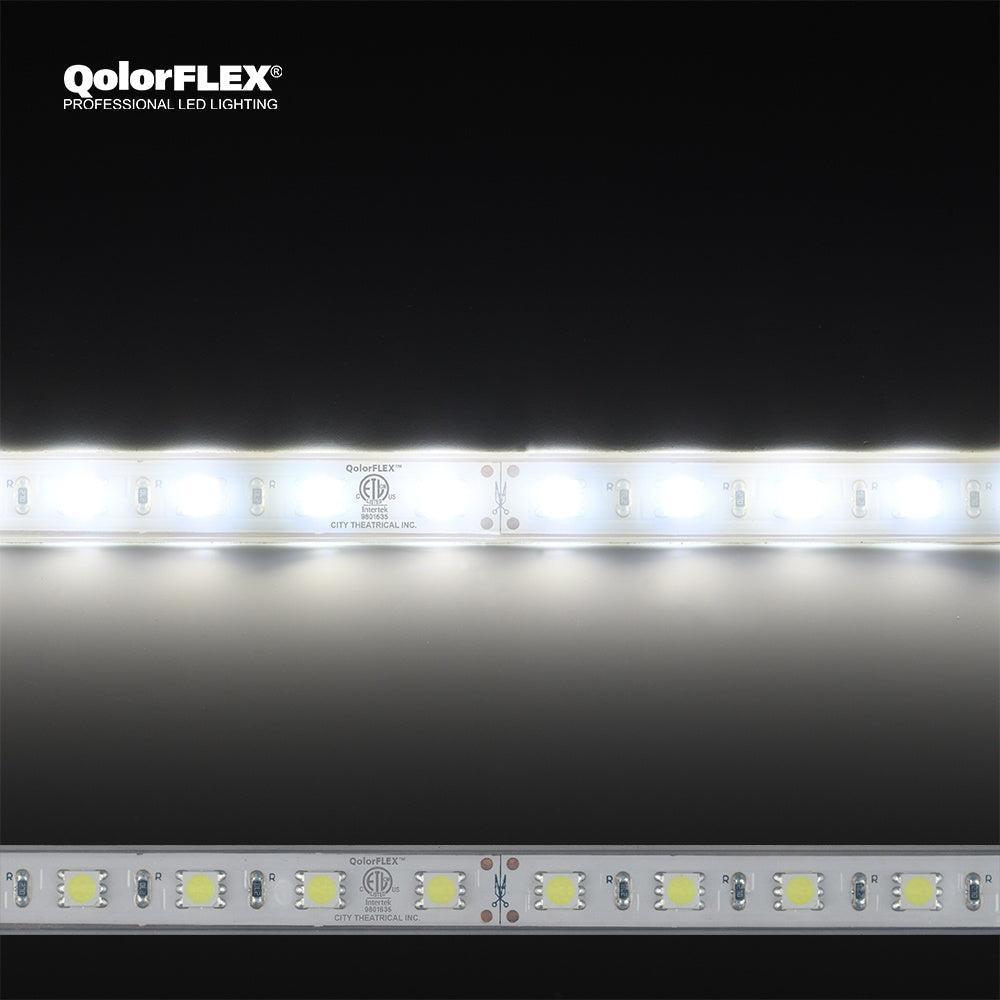 QolorFLEX 5050 24V outdoor cool white LED tape shown illuminated and unlit with ETL mark and cut-point markings, City Theatrical