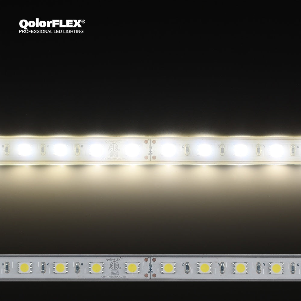 QolorFLEX 5050 24V outdoor LED tape in natural white, lit and unlit close-up showing IP-rated coating, cut marks and solder pads, City Theatrical