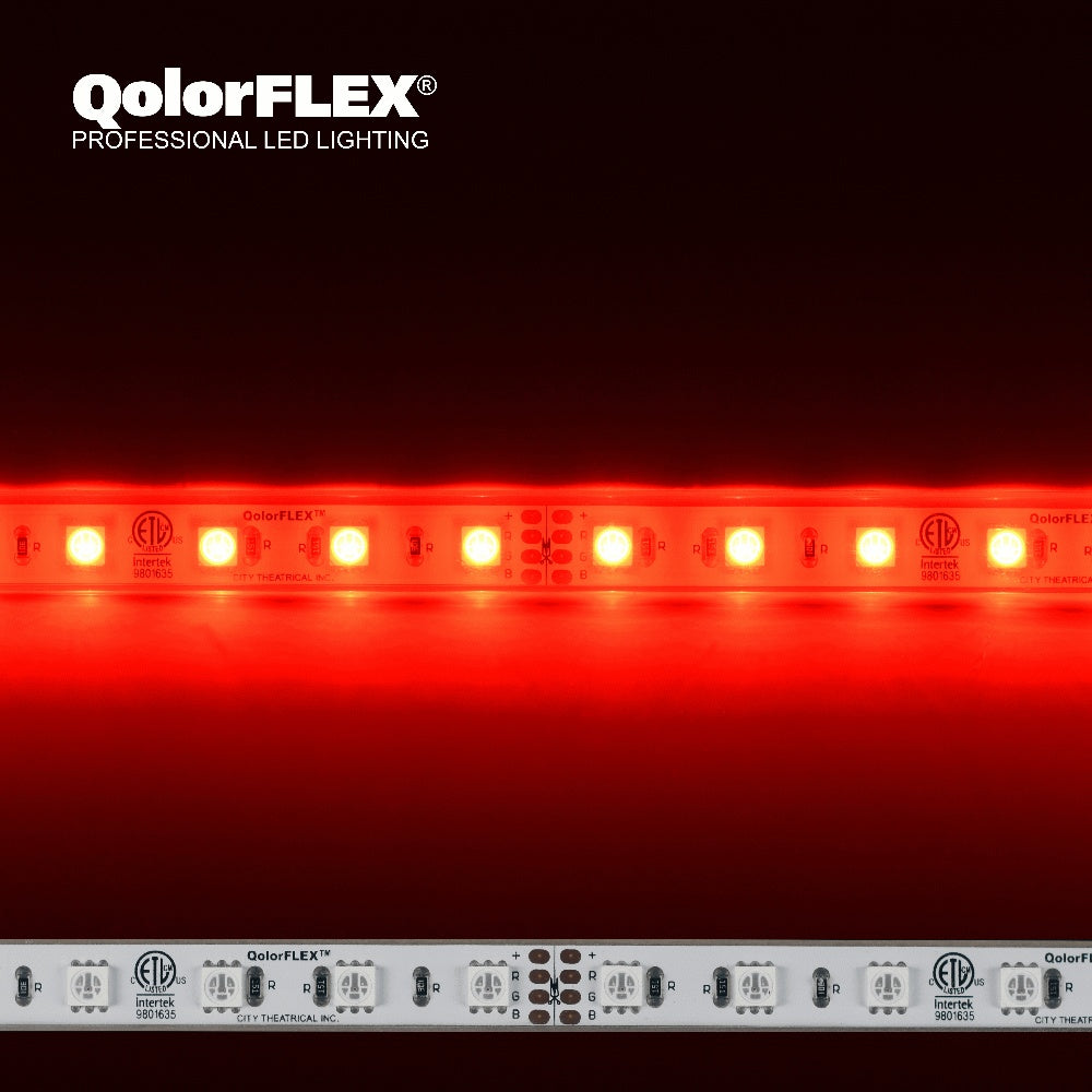 QolorFLEX 5050 24V outdoor RGB LED tape illuminated in red above an unlit strip detail showing 5050 emitters, ETL mark, and RGB solder cut points, City Theatrical
