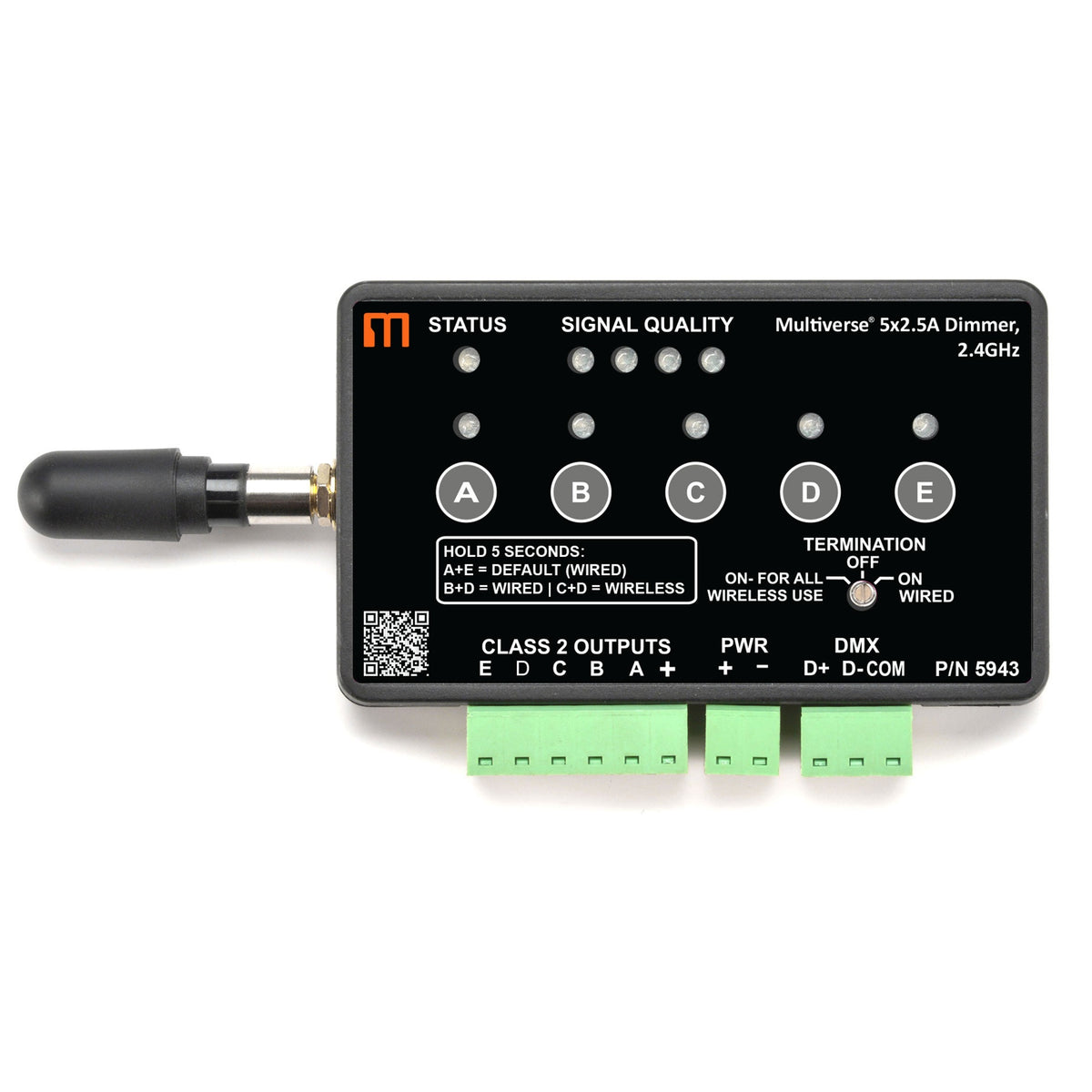 Multiverse 5x2.5A 2.4GHz dimmer P/N 5943 front view showing status and signal quality LEDs, A-E buttons, termination switch and antenna, City Theatrical