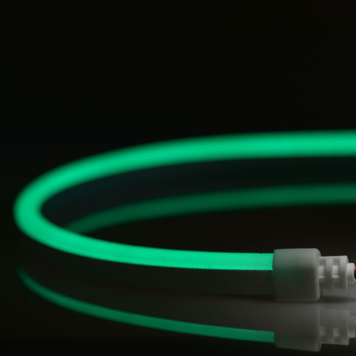 N914-G-10 QolorFLEX NuNeon green LED strip illuminated and curved on black, showing flexible silicone jacket and white end connector, City Theatrical