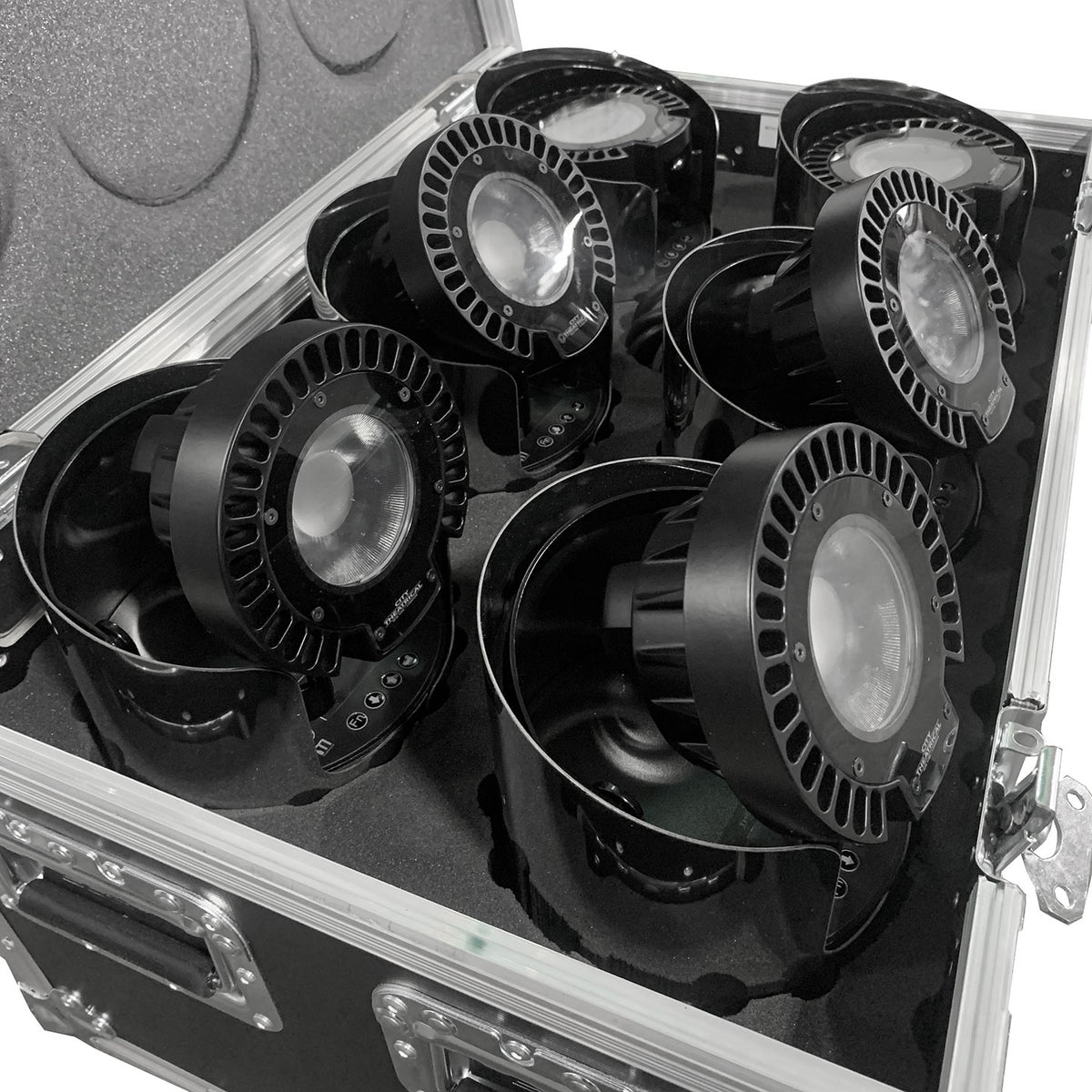 QolorPoint Mark 3 case open showing six battery-powered LED fixtures with control buttons, City Theatrical
