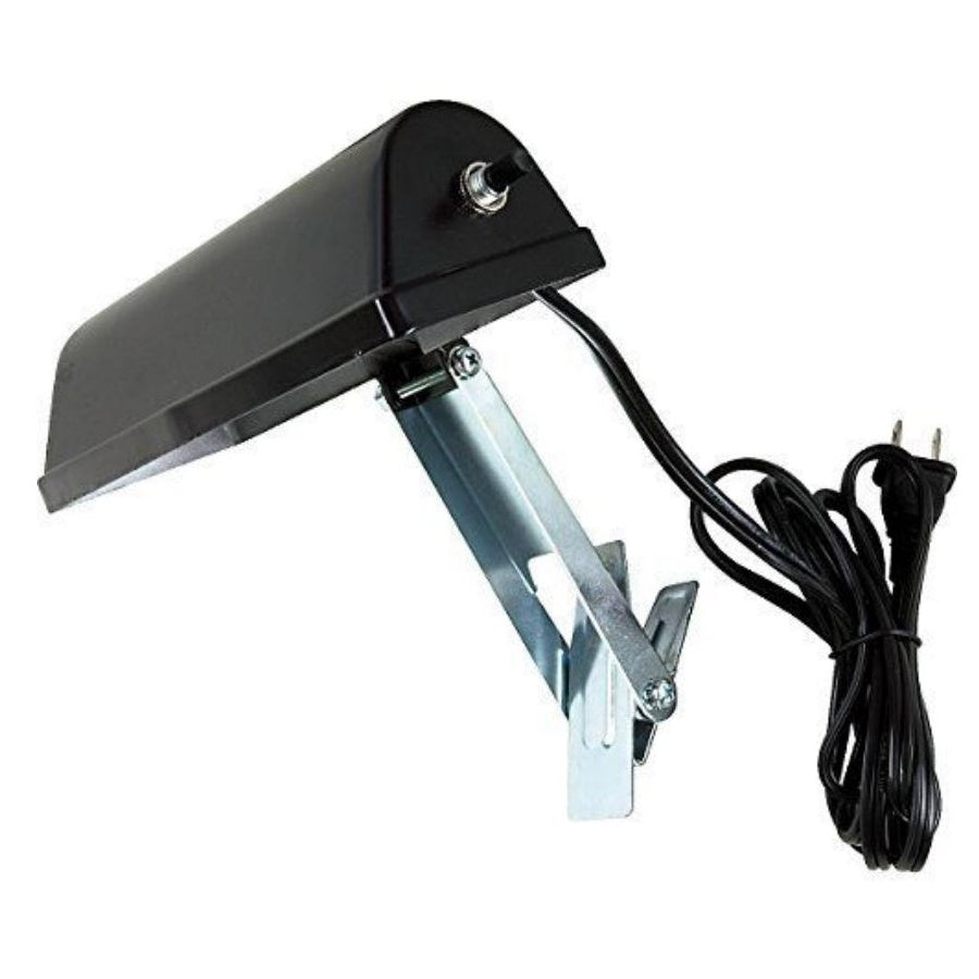 4200 Broadway music stand light side view with toggle switch on housing, zinc-plated mounting bracket and coiled two-prong power cord, City Theatrical