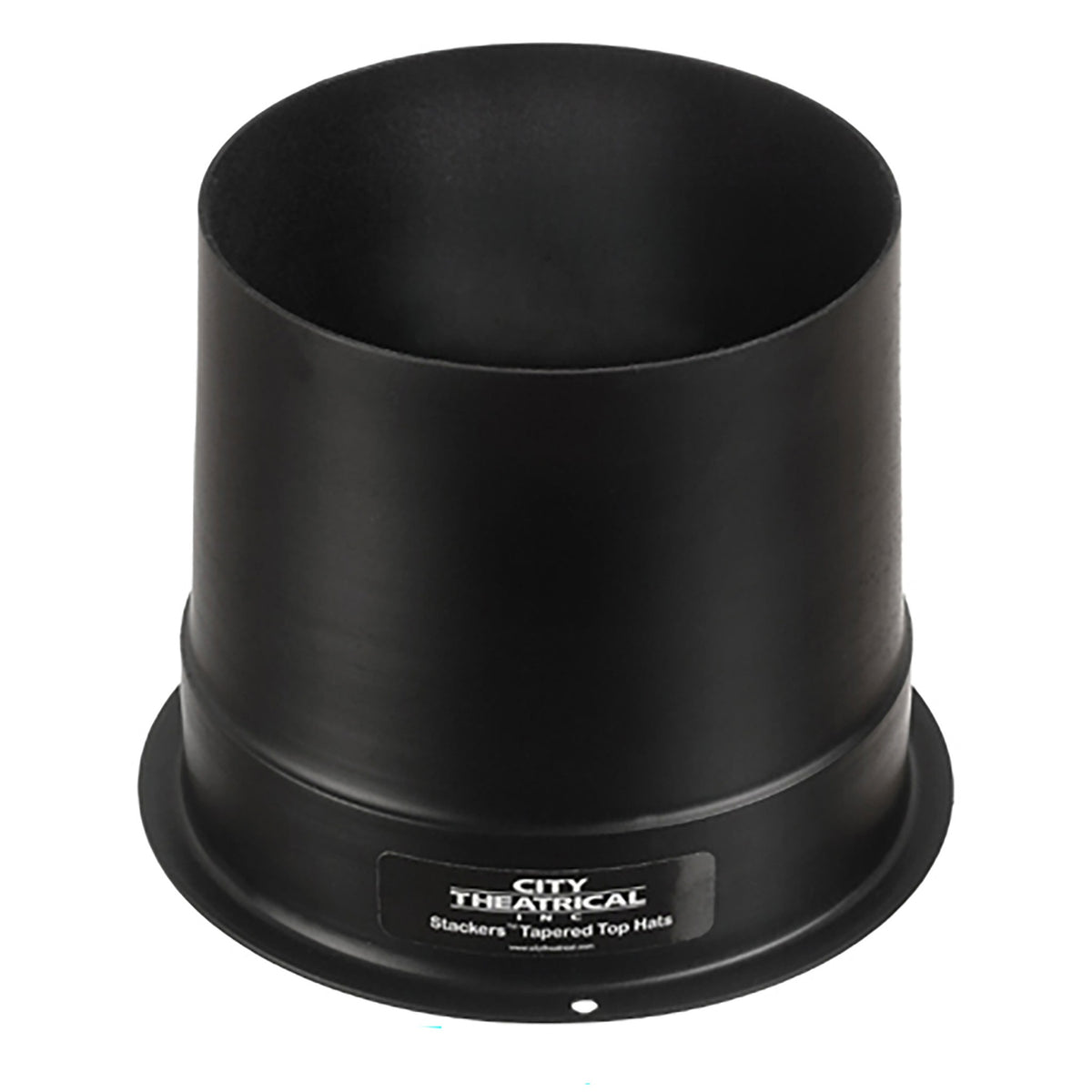 Stackers 2860 tall tapered top hat angled view showing matte black interior and flat gel-frame base with product label, City Theatrical