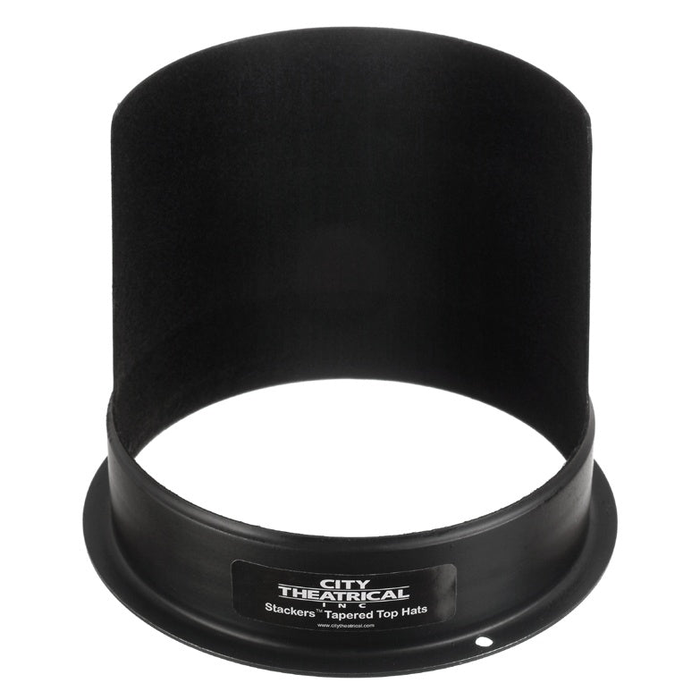 CITTHE 2853 Stackers half tapered top hat, angled view showing matte black cylindrical barrel and flanged base with product label, City Theatrical