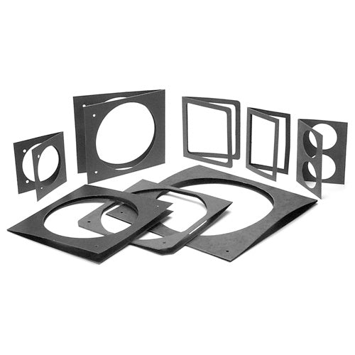 CITTHE 2300 color frame family group shot showing assorted black metal gel frames with round and square apertures, City Theatrical