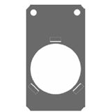2050 S4 "A" size tabbed template holder front view showing circular gobo aperture, retaining tabs and twin mounting holes, City Theatrical