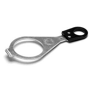 2147 glass gobo holder front view showing stamped steel ring and black handle with twin mounting holes, City Theatrical