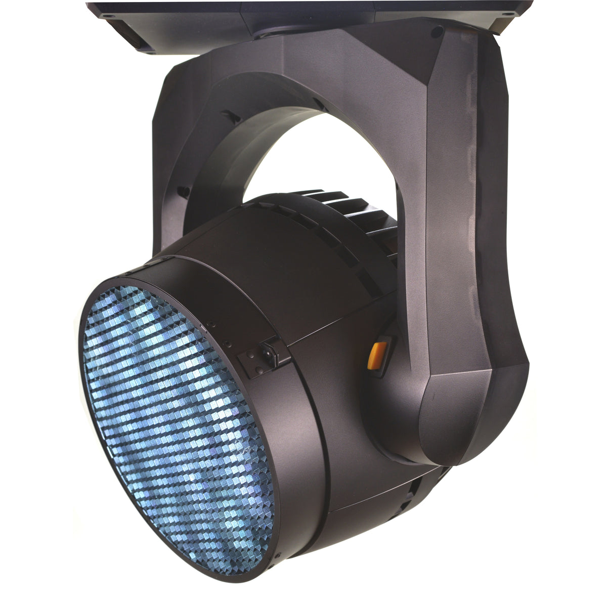 CITTHE 2794 Hex Cell louver installed on a yoke-mounted moving wash fixture, three-quarter front view showing honeycomb glare-control grid over the lens, City Theatrical