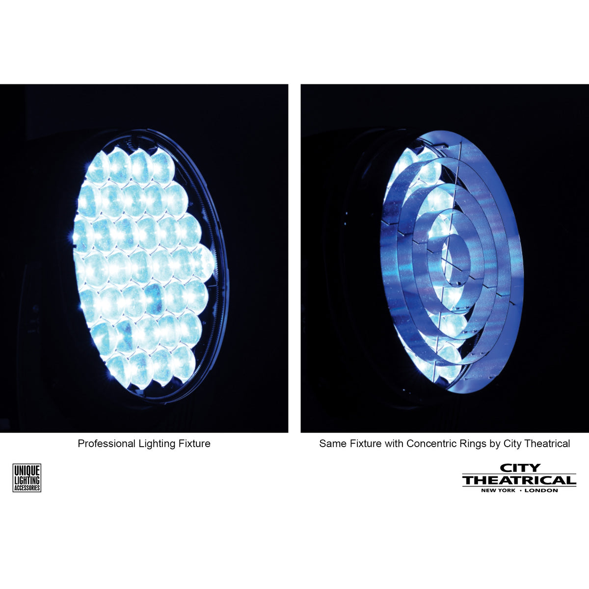 Beam control comparison image of a bare LED wash fixture beside the same fixture fitted with Concentric Rings, City Theatrical