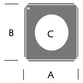 2250 Donut dimensional diagram labeling plate width A, height B and center hole diameter C, City Theatrical