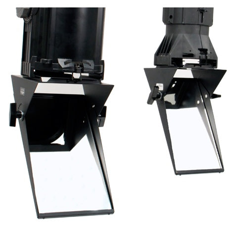 1400 Beam Bender mounted in gel frame holders of two ellipsoidal fixtures, showing angled front-surface mirror and locking knob, City Theatrical
