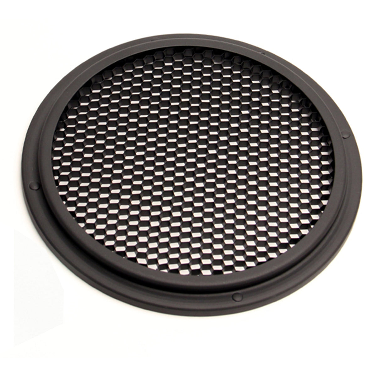 2499 S4 ellipsoidal louver flat top view showing honeycomb cell pattern and mounting tabs on the circular frame, City Theatrical