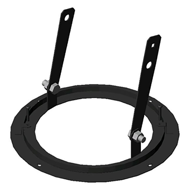 1470 ceiling mount for Source Four PAR, angled view of black steel ring with two slotted yoke arms and hex bolt pivots, City Theatrical