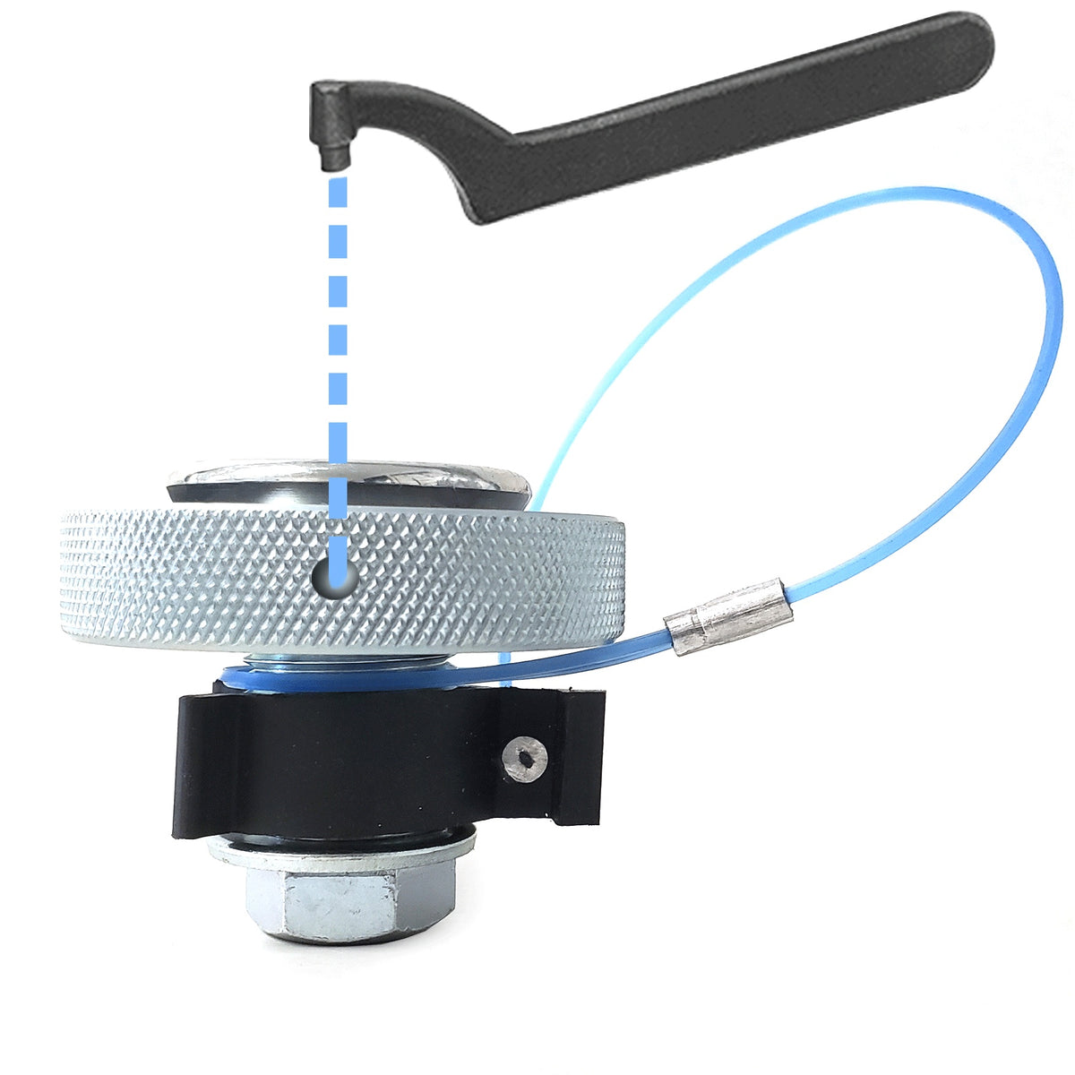 CITTHE 135 knurled locking knob assembly with spanner wrench alignment diagram and blue safety cable, City Theatrical