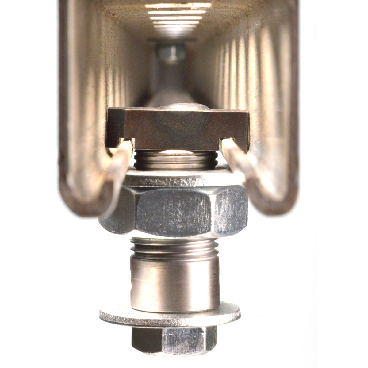 520M Track Tamer close-up detail of plated steel channel with threaded stud, hex nuts and washer hardware, City Theatrical