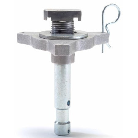 531 Track Tamer front view showing aluminum T-handle knob, spring-loaded track nut and steel 16mm spigot with R-clip pin, City Theatrical