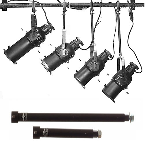 Model 91 vertical extension tubes shown in use, suspending four ellipsoidal fixtures below a truss pipe with two tube lengths pictured below, City Theatrical
