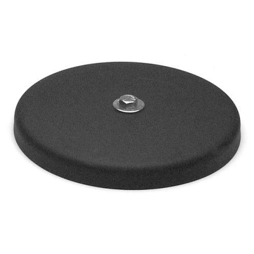 4300 10-inch boom base angled view showing round black powder-coated disc with center mounting stud, City Theatrical