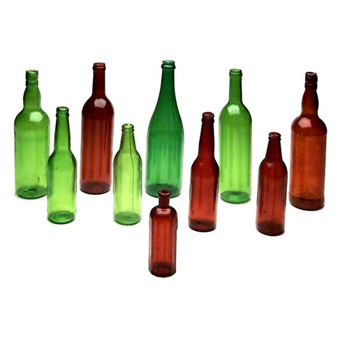 3910 breakaway bottles group shot showing assorted green and amber sugar-glass bottles in multiple sizes, City Theatrical