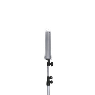 100/5 music stand desk folded flat on the upper shaft showing black tilt knob and height clamp, grey finish in animation frame, K&M
