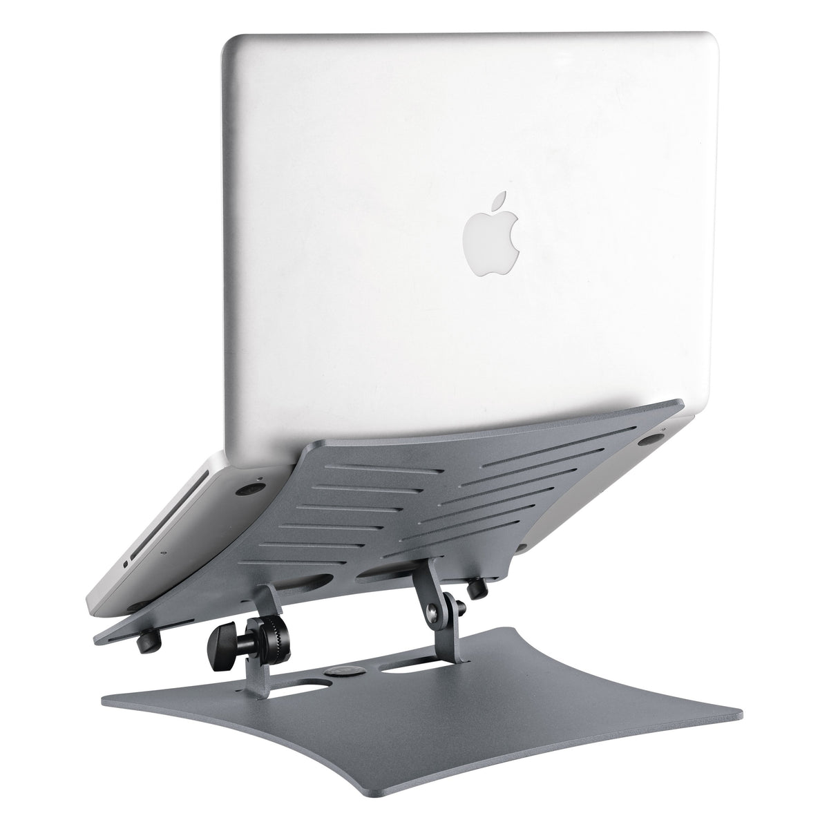 12197 laptop stand in use holding a silver laptop at an angle, rear view showing tilt knob and open base, K&M