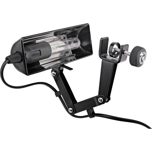KM 12255.073.55 lamp head detail with halogen bulb visible inside the reflector housing and rubber-padded screw clamp, K&M